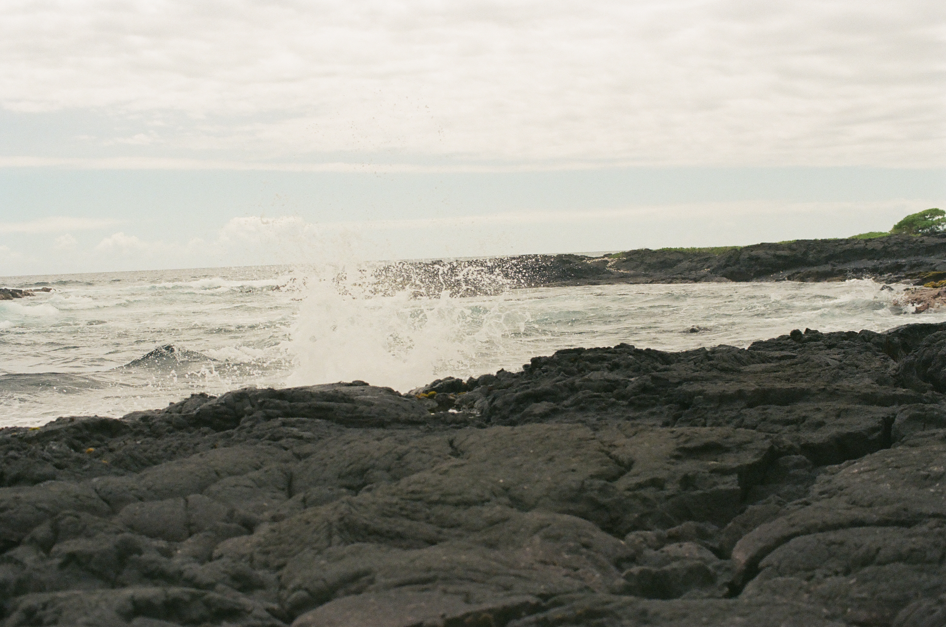 A wave bursts into a plume of white spray as it breaks over a jagged black lava shelf beneath an overcast sky.