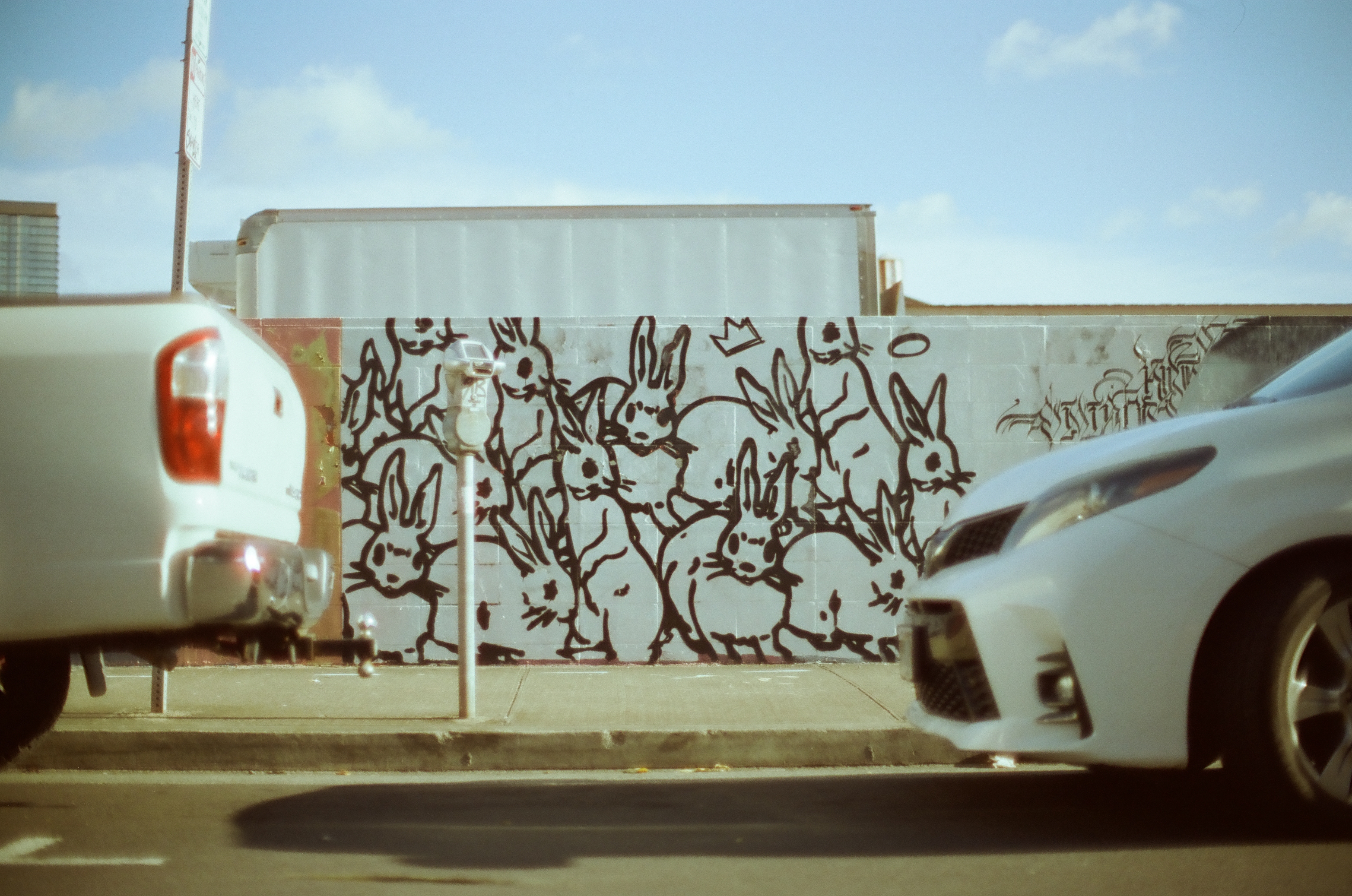 A long white wall covered in black line-drawn creatures passes behind two cropped vehicles under a blue sky.