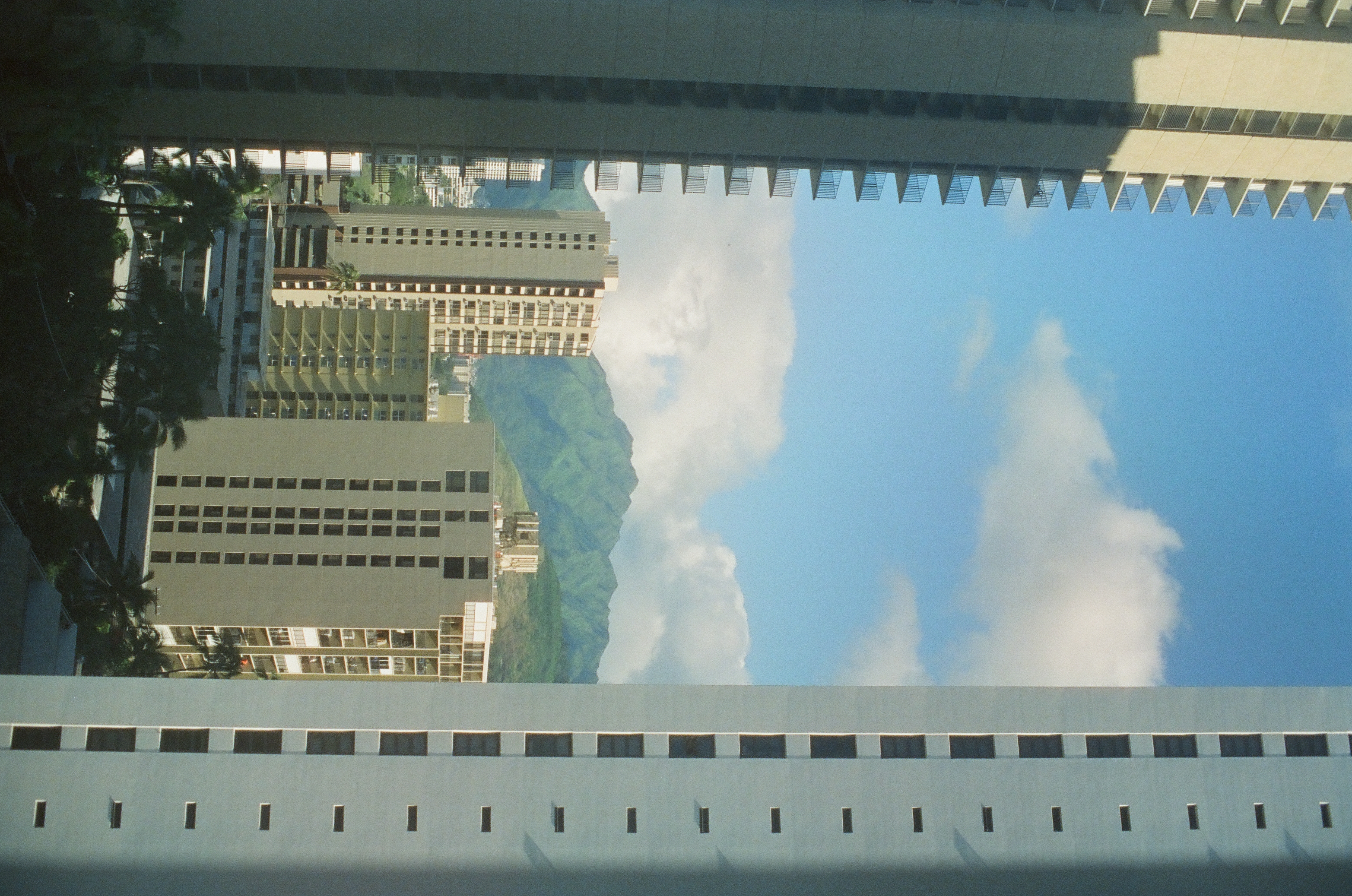 A green mountain ridge rises behind clustered apartment towers, framed between rooftops and palm fronds under a partly clouded sky.