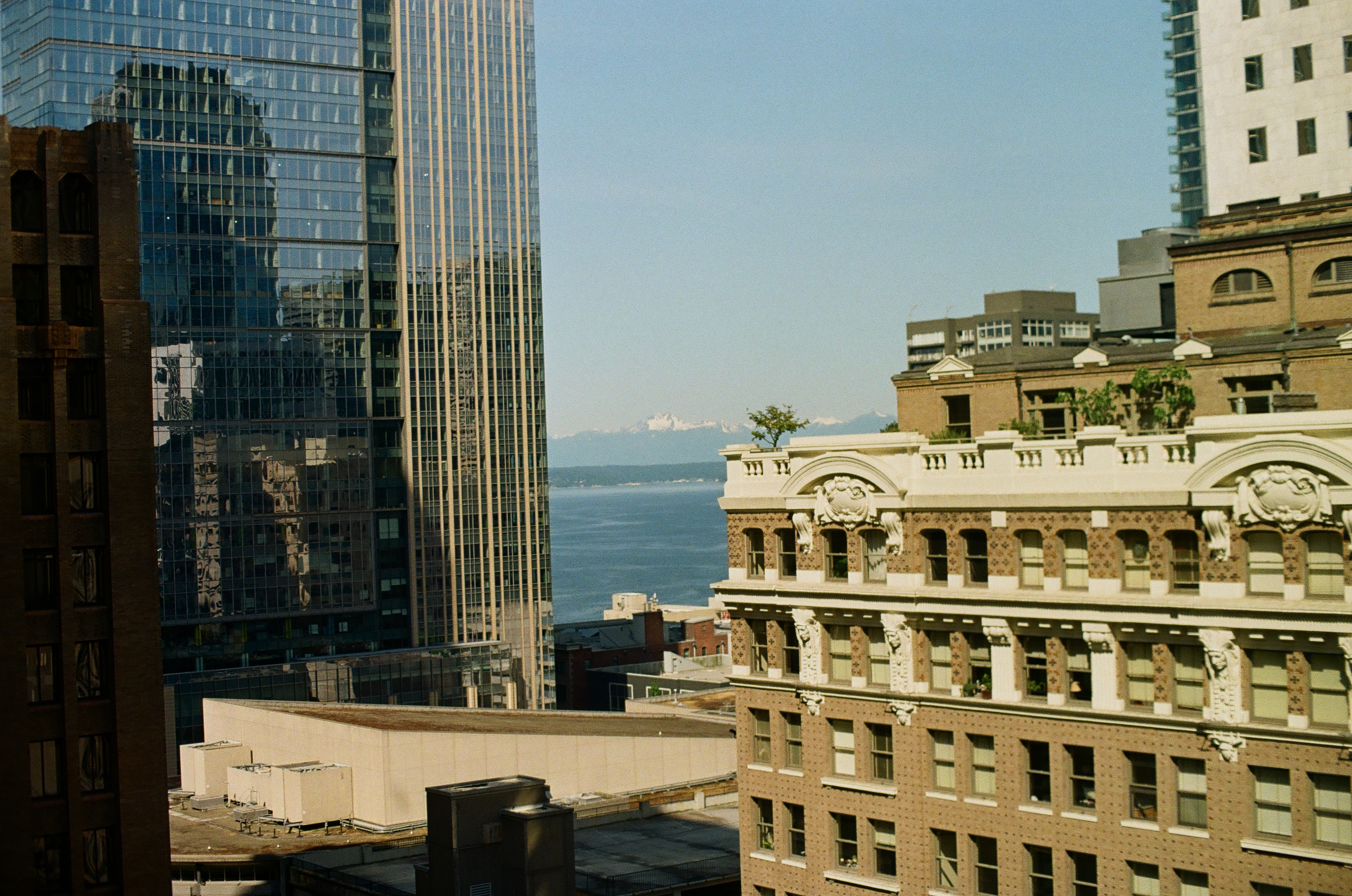 An ornate pale building stands between modern glass towers with a strip of distant water beyond.