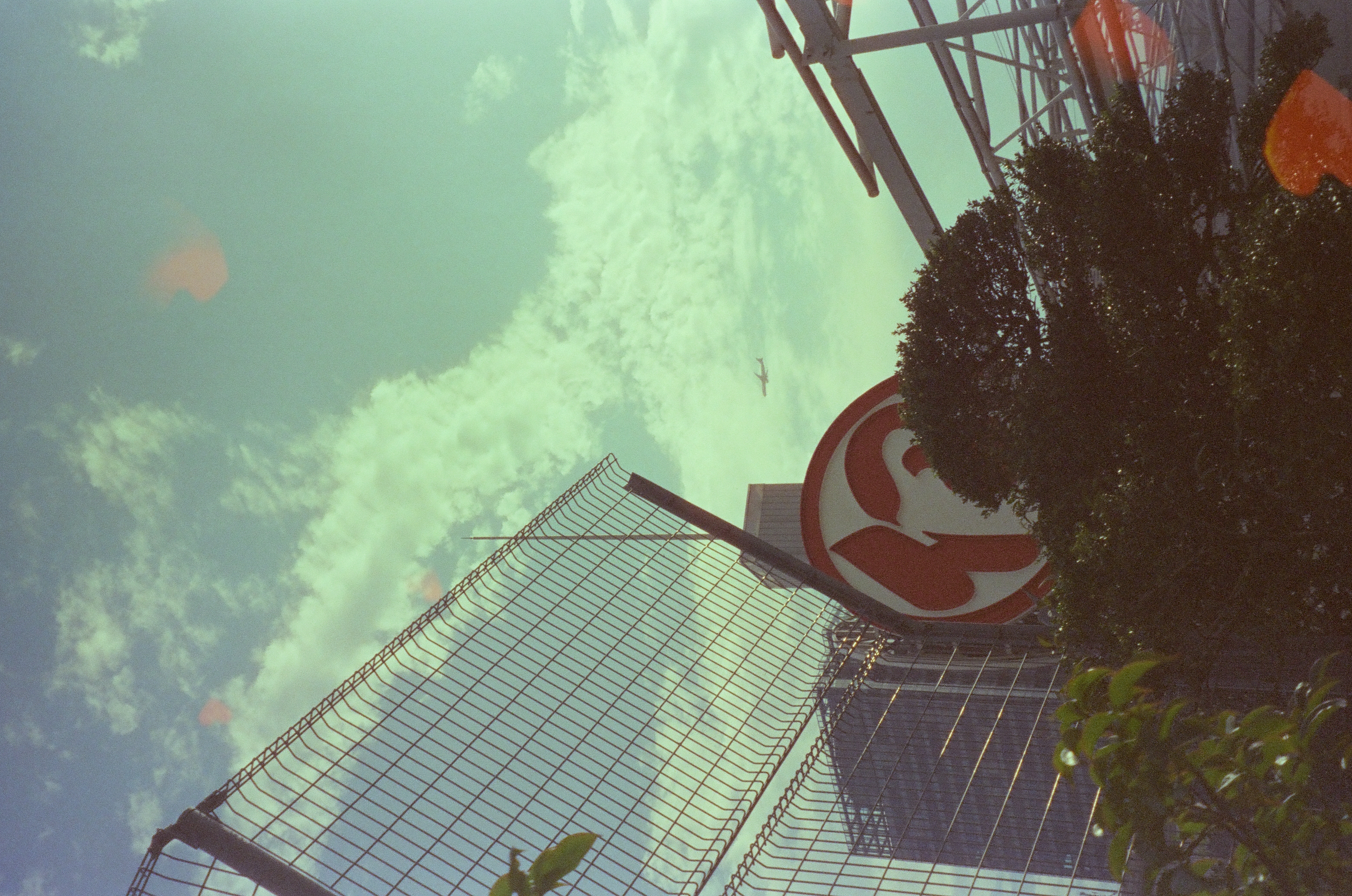 A diagonal wire mesh fence crosses a cloudy sky where a small airplane is visible, with a round red-and-white sign, a tree, and metal trusswork below.