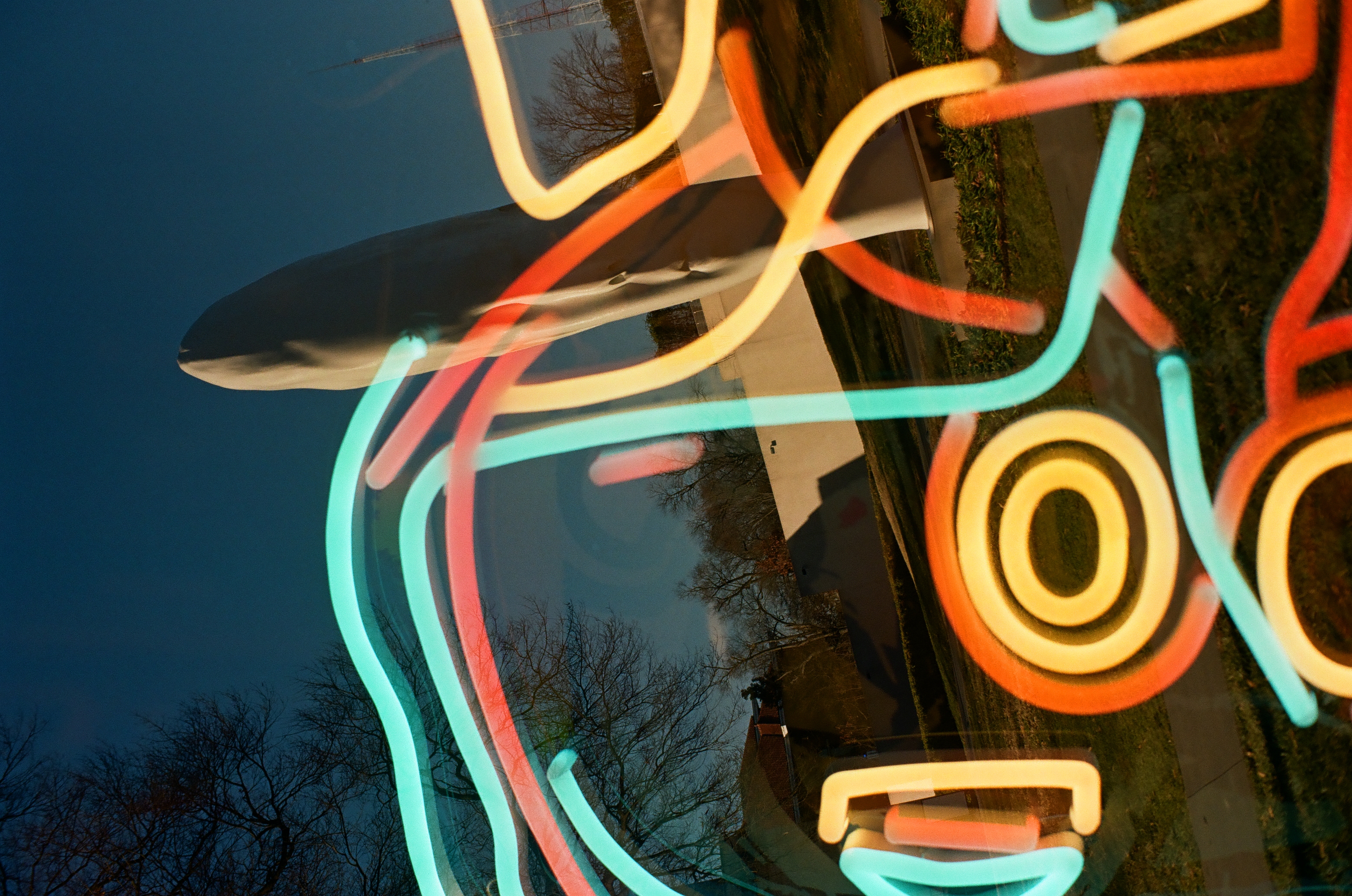 Glowing orange, yellow, and teal tube lines form a stylized face on glass, with bare tree branches and a lawn reflected behind them.