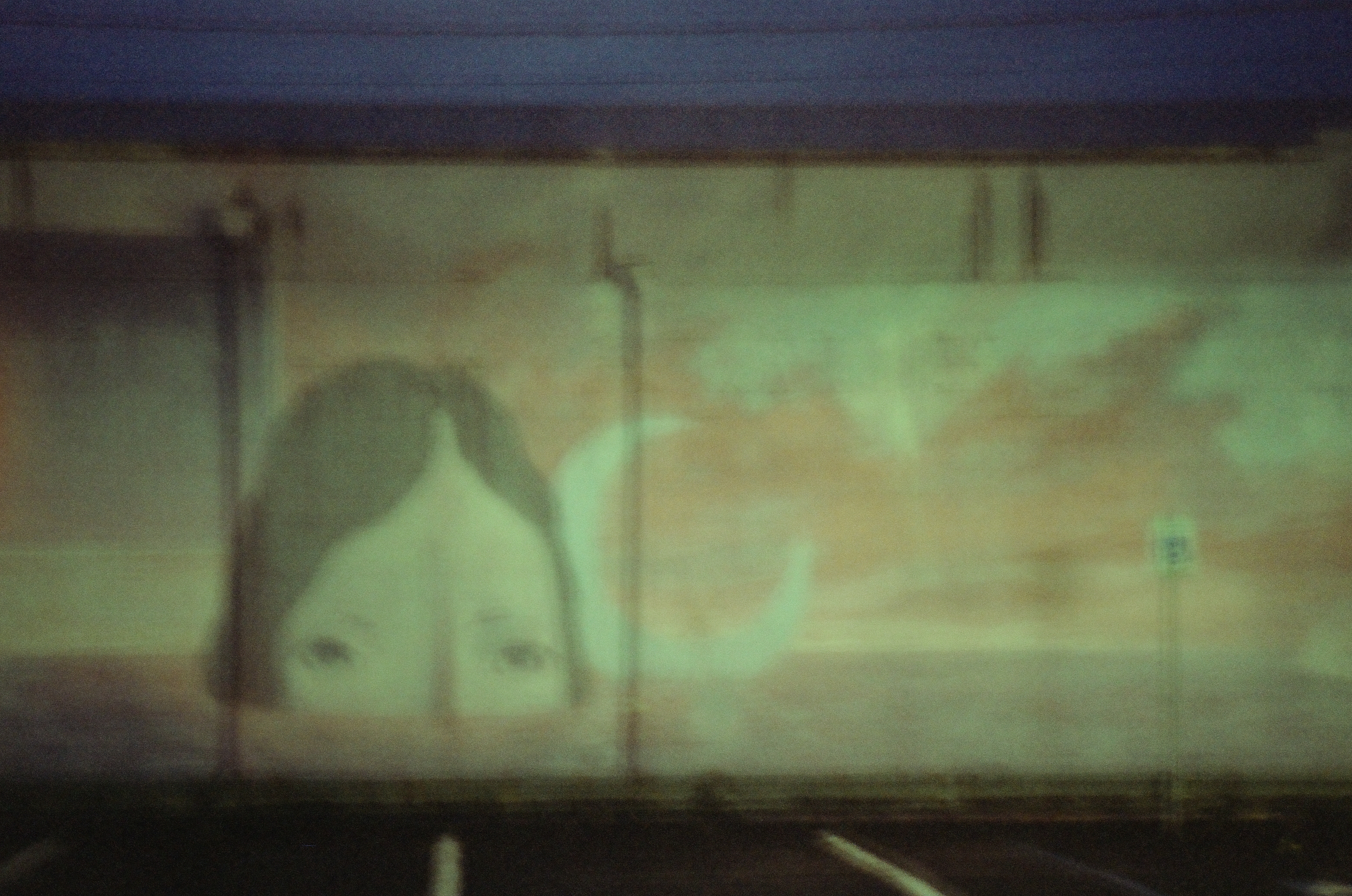 A large painted face appears softly blurred across a pale wall under green and amber reflected light.