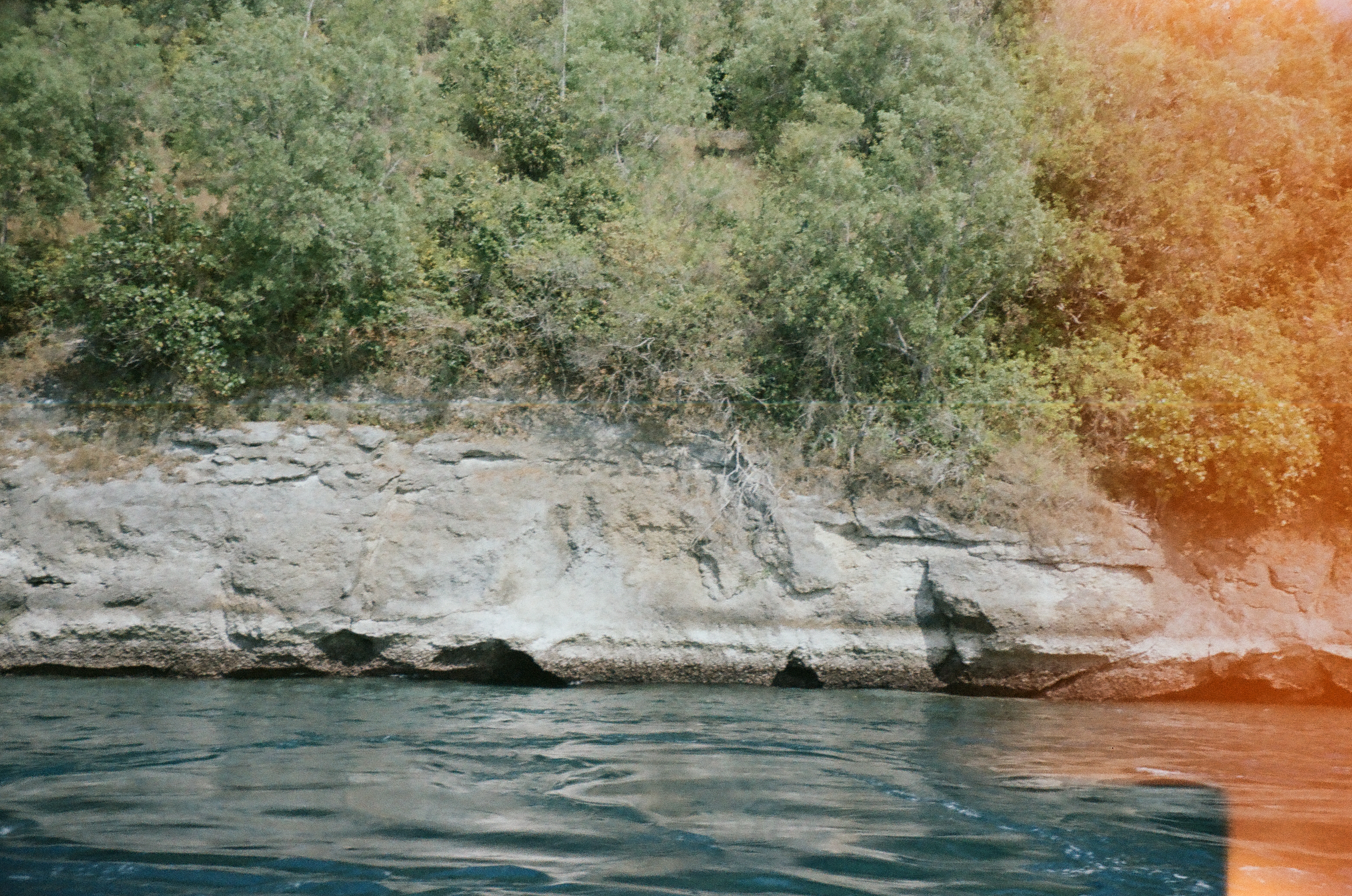 Low coastal rock and dense trees meet blue water beneath a broad orange film flare.