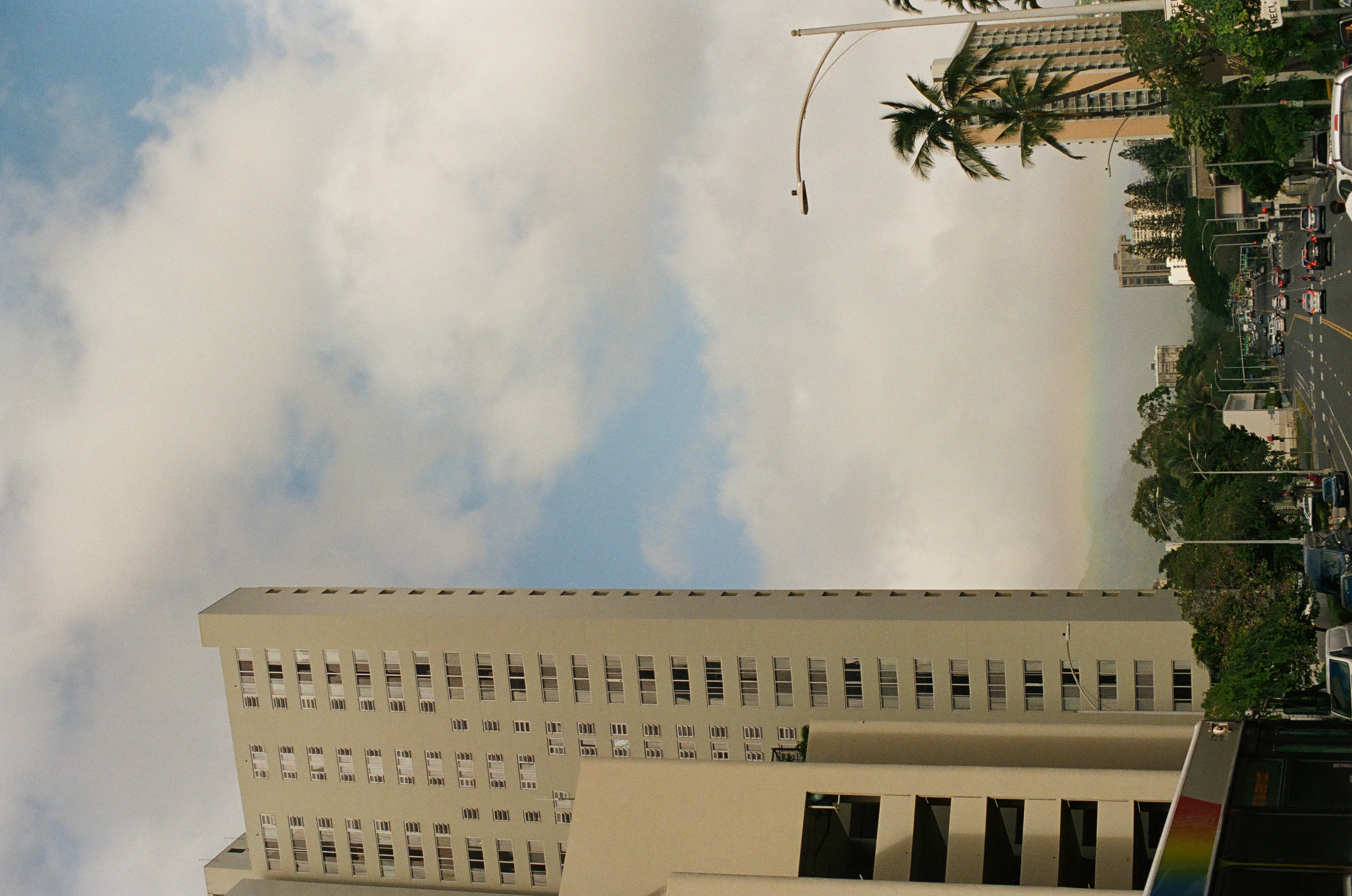 A slender palm rises beside a tall apartment tower beneath bright broken clouds.