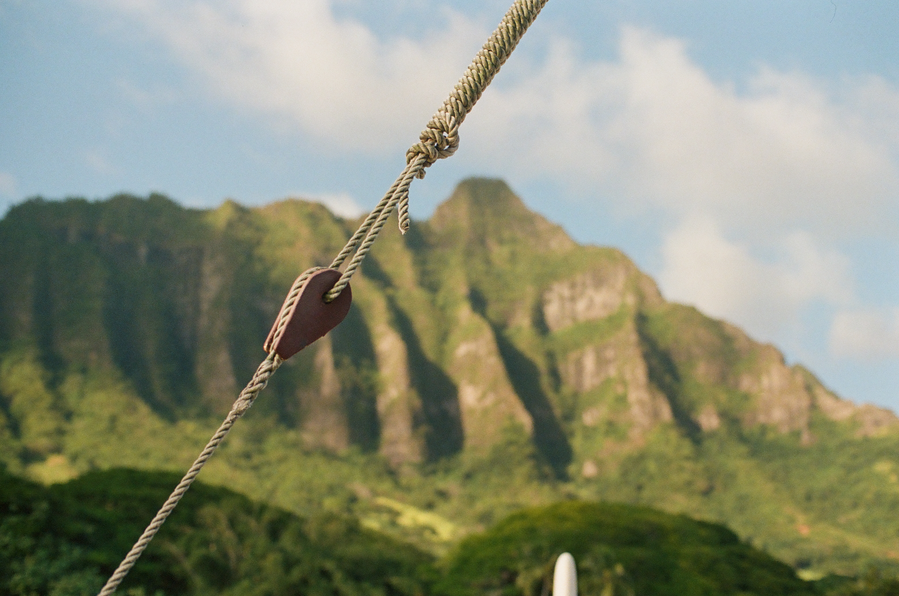 A taut rope threads through a leather fairlead in close focus, with a knotted end and a softly blurred green mountain behind.