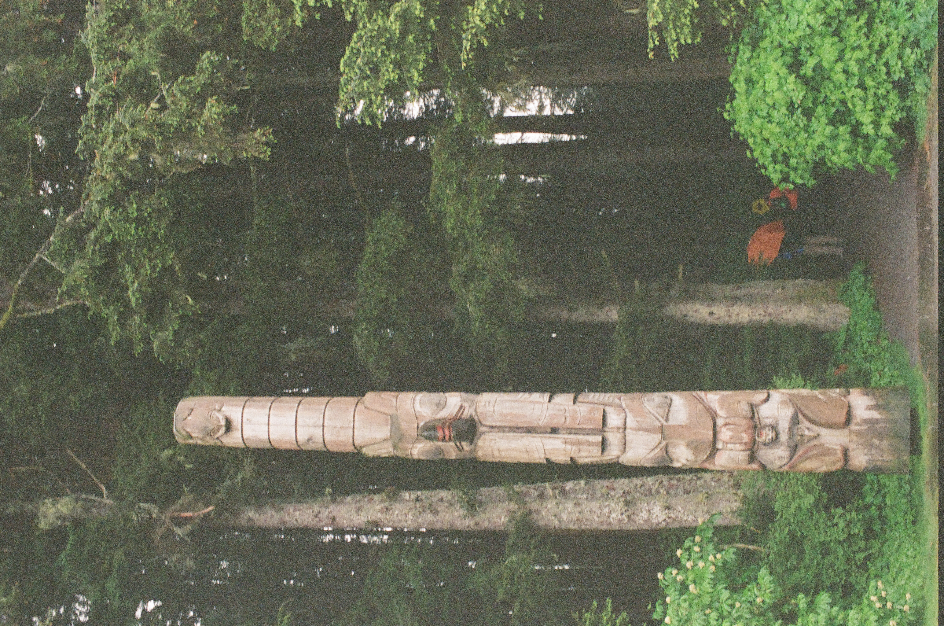 A tall carved wooden pole stands beside a narrow path entering dense green forest.