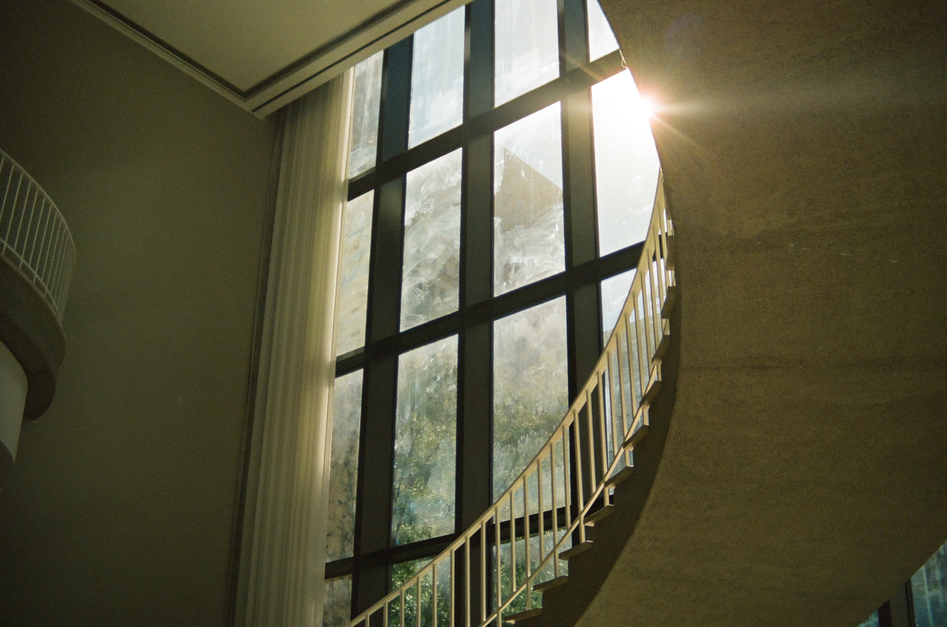 Sunlight flashes through a tall gridded window beside a curved concrete stair and pale railing.