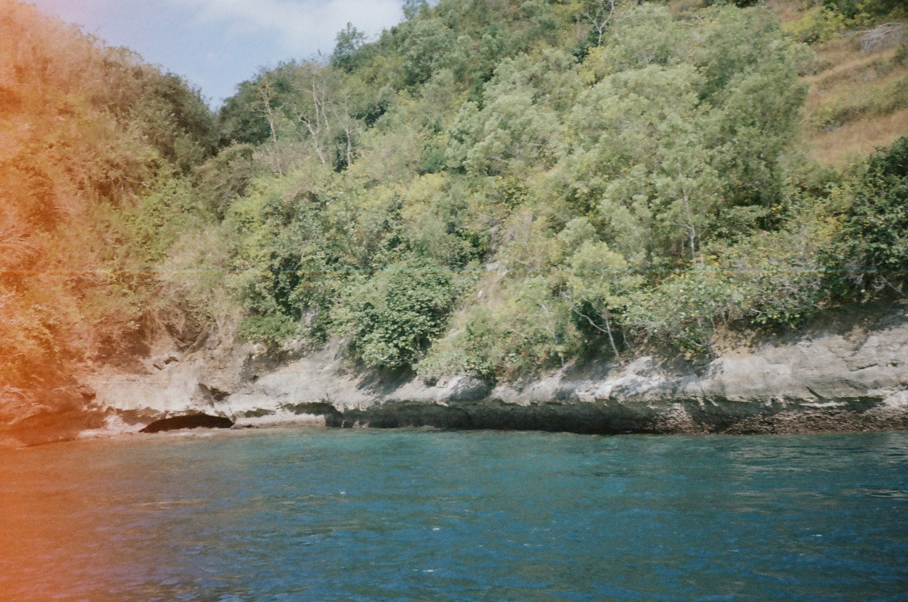 Dense green trees cover a rocky shoreline above blue-green water, while an orange-red area extends down the left edge.