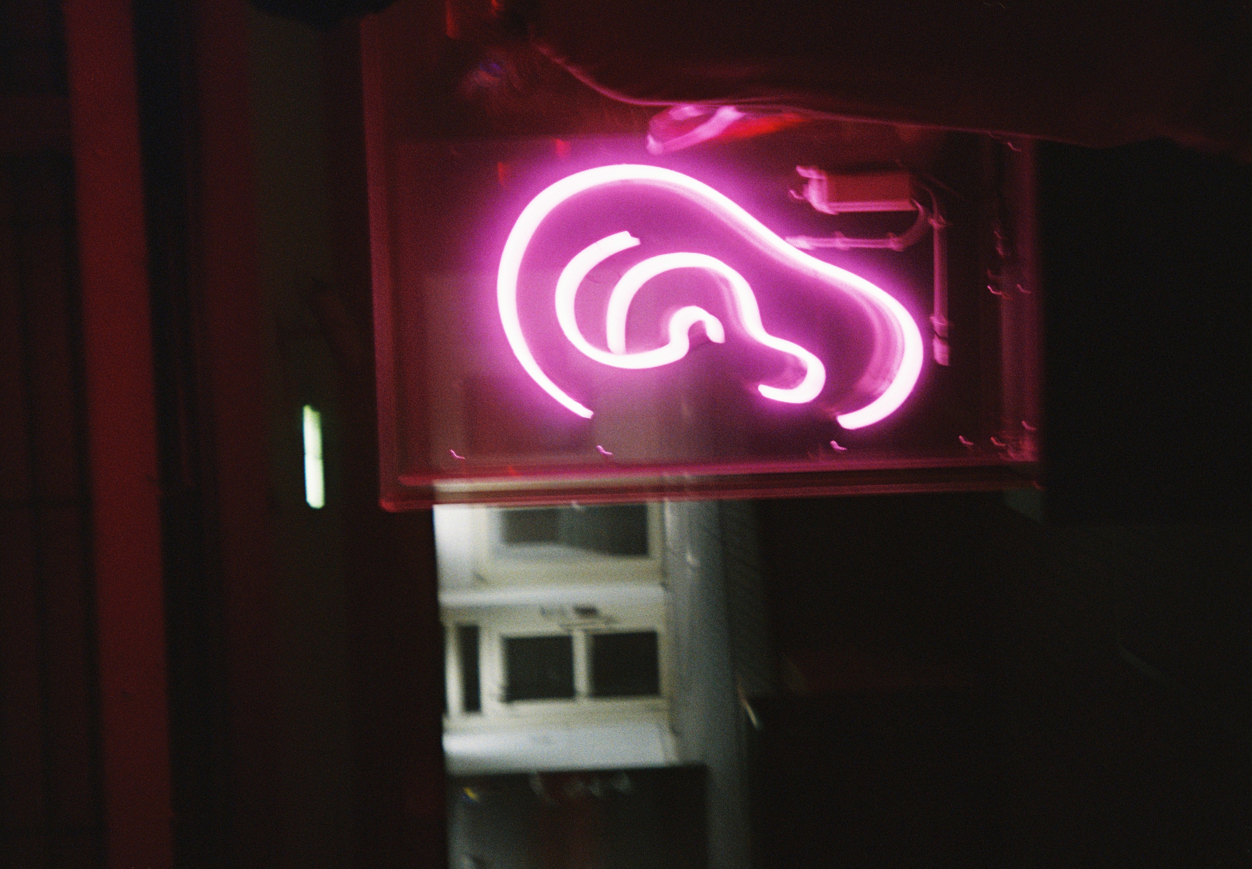 A hot pink neon tube shaped like a human ear glows inside a case in an otherwise dark room.