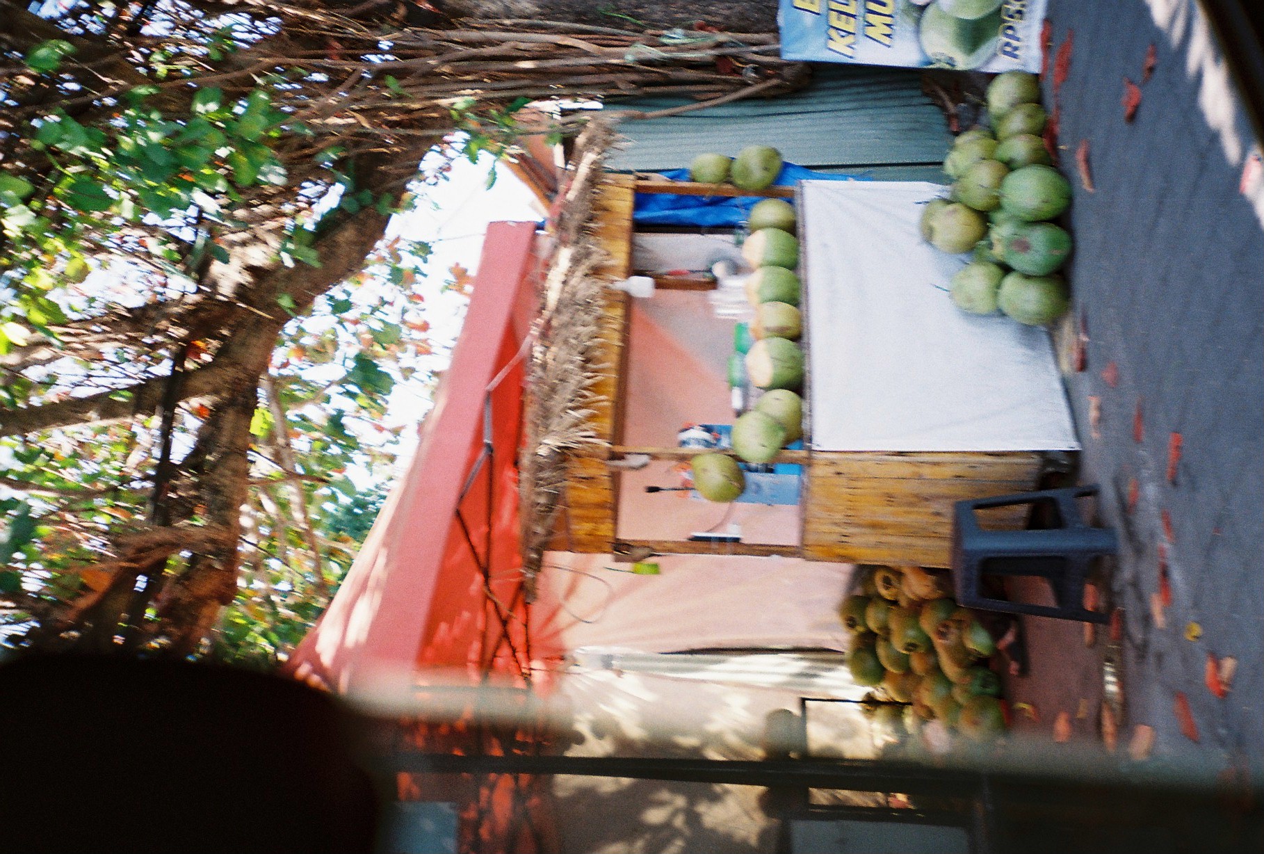 Round green fruit is stacked beneath a red canopy beside a small white roadside stand.