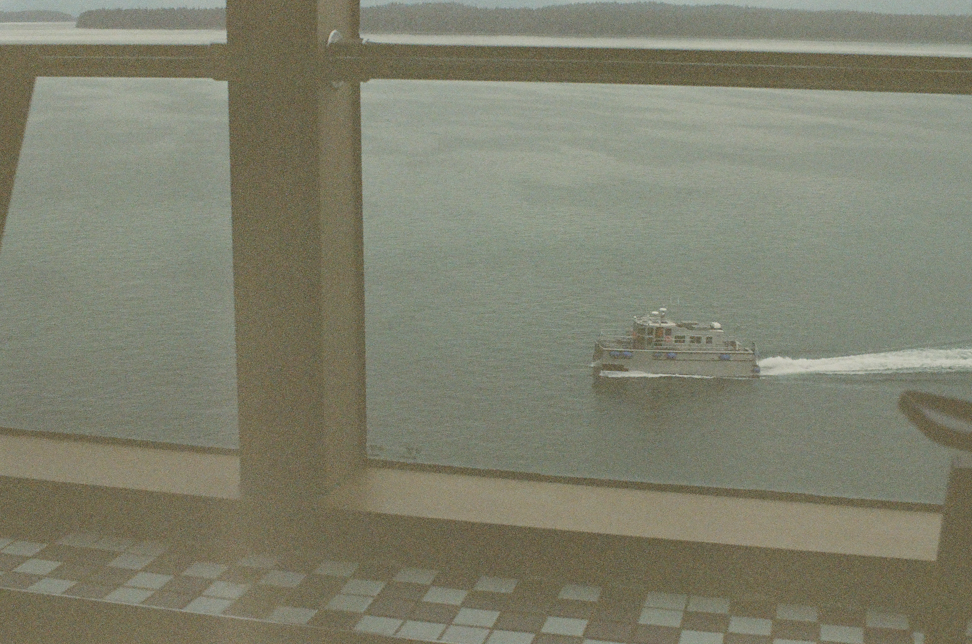 A white passenger boat leaves a bright wake across green water seen through a large window grid.