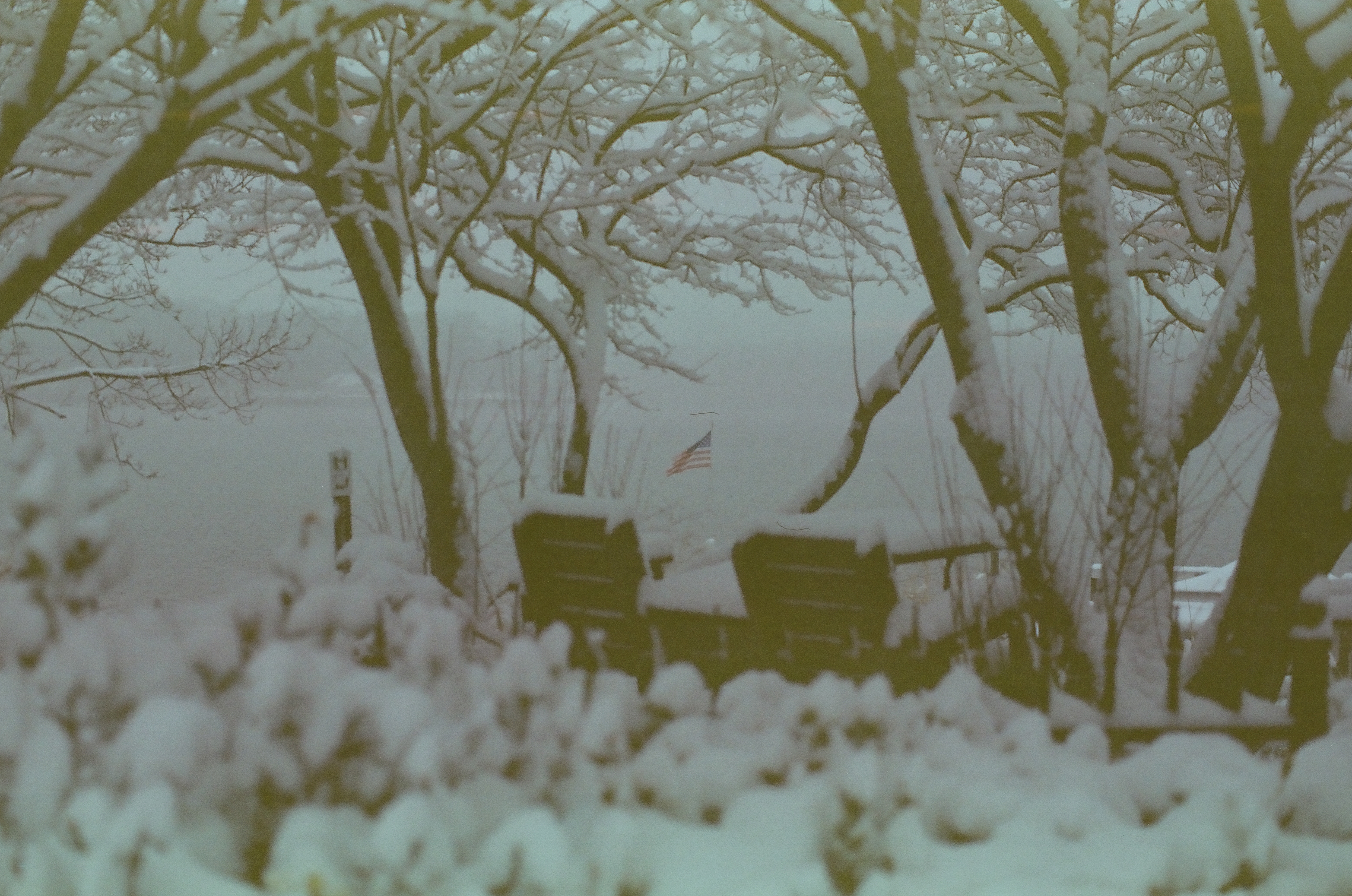 Snow-laden branches frame two dark chairs and a small flag on a lakeside deck, with hazy water visible beyond a low hedge.