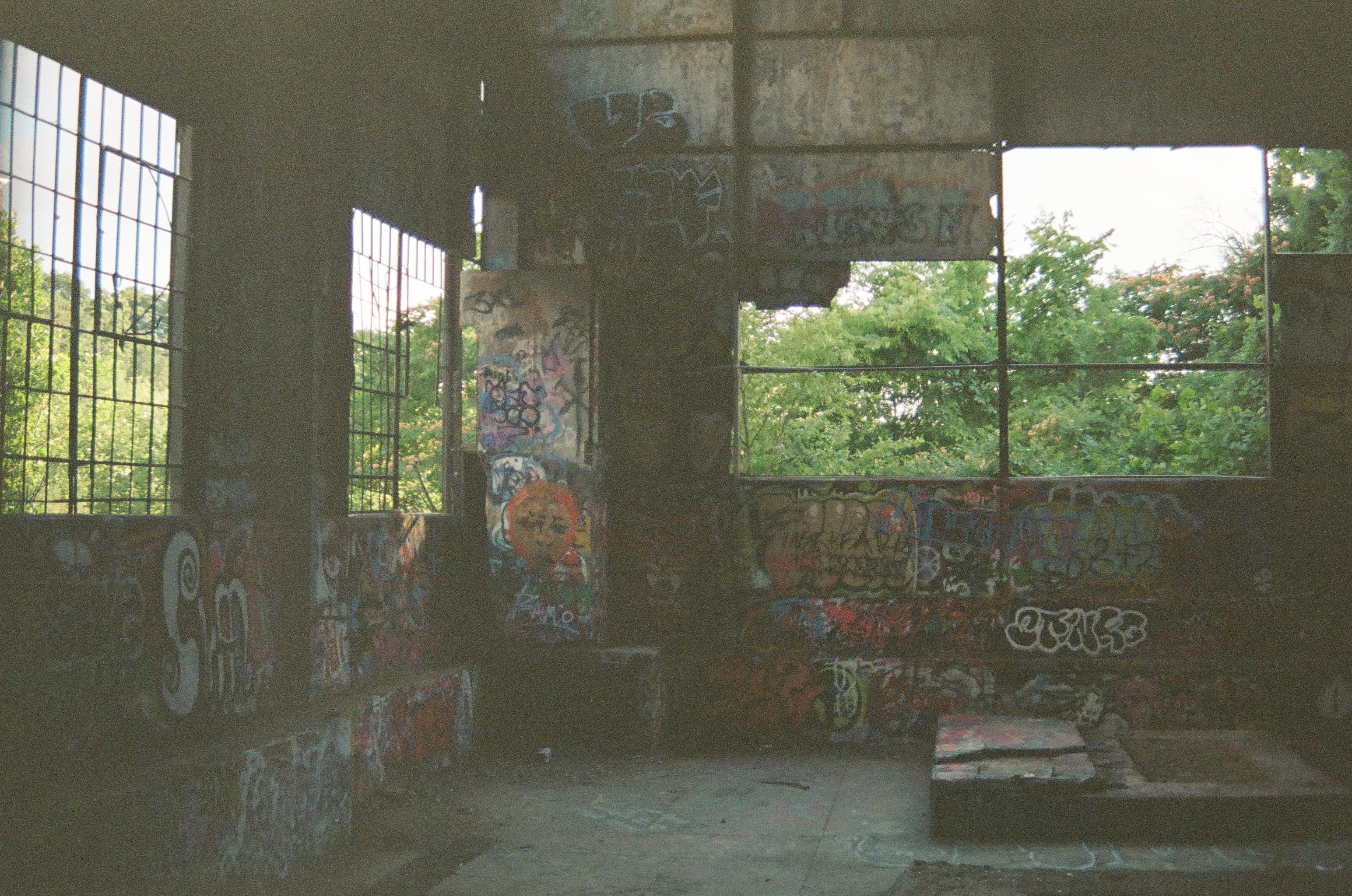 Inside a graffiti-covered room, barred windows on one side and an open window on the other both look out onto green trees.