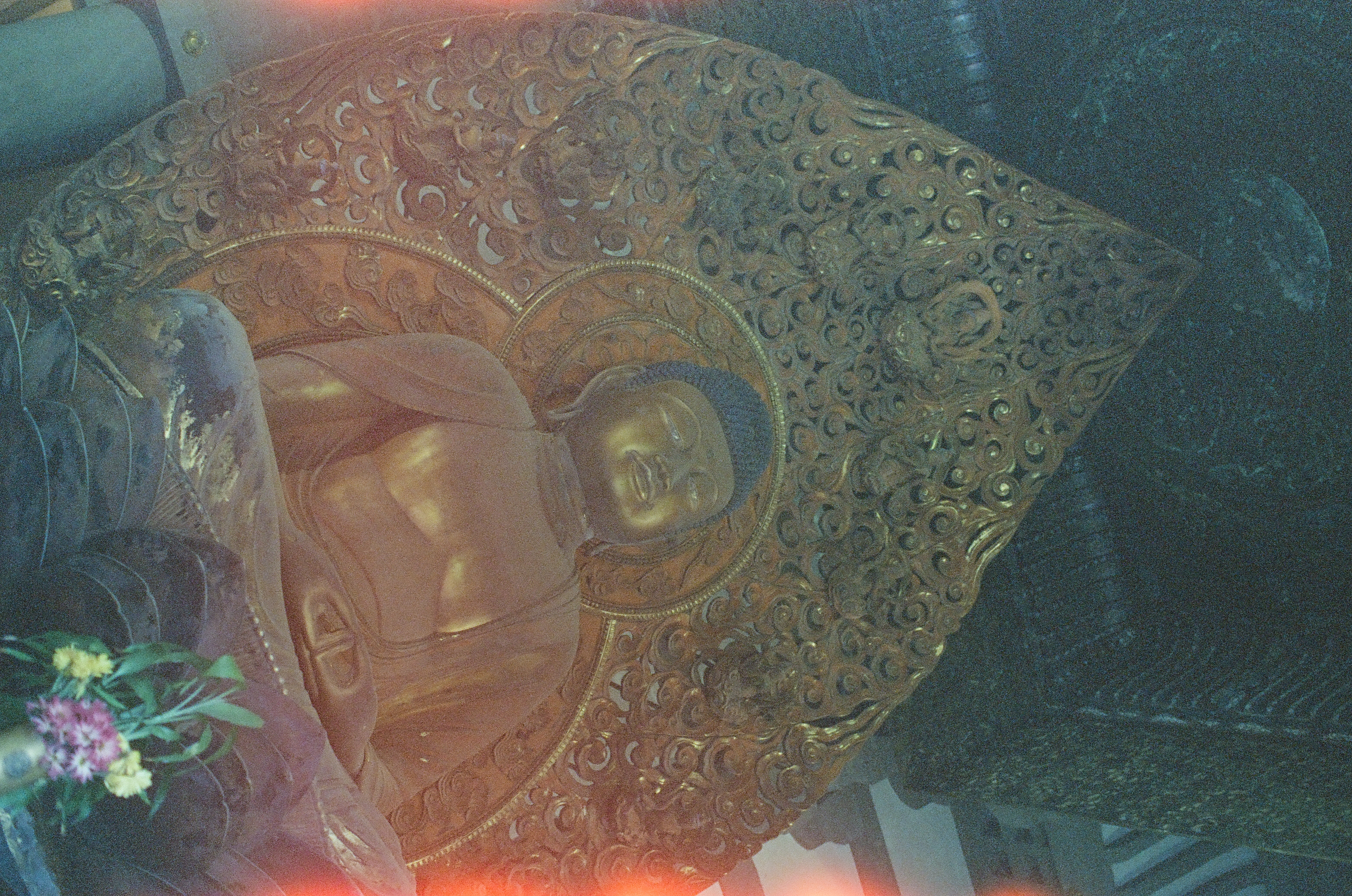 A gilded reclining Buddha figure rests before an ornately carved backdrop of swirling scrollwork, with small flowers and a red flare glowing at the frame's edge.