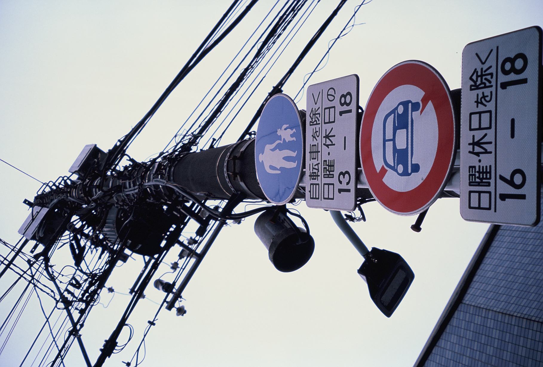 A utility pole tangled with wires carries a pedestrian sign, a red-circled no-vehicles sign, and Japanese text placards listing restricted hours.